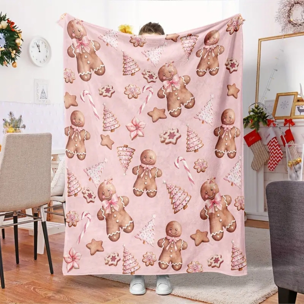 Contemporary Flannel Throw Blanket with Gingerbread & Candy Cane Pattern